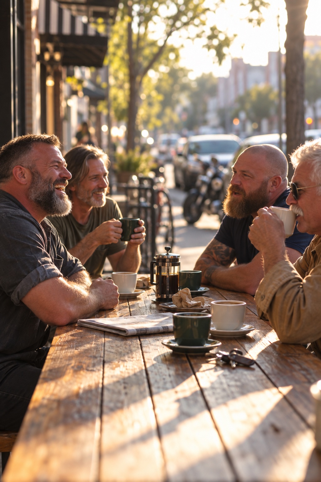 Four men talking over coffee at an outdoor cafe table
